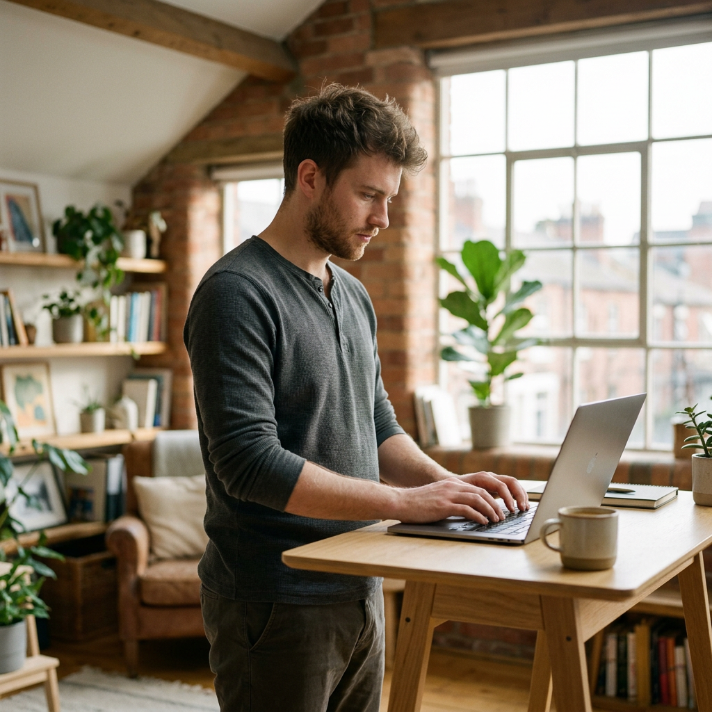 Une personne utilise son ordinateur à un bureau debout